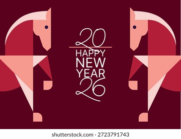 Una ilustración festiva con dos elefantes flanqueando un saludo de "Feliz año Nuevo 2026", sobre un fondo rojo oscuro. Perfecto para las celebraciones del Año Nuevo.