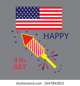 A festive illustration for the Fourth of July featuring the American flag, a colorful rocket firework, and scattered stars, conveying a celebratory mood.