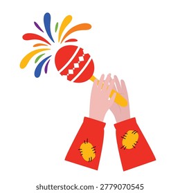 Festive illustration of hands clapping with a red maraca and a colorful explosion, suitable for Cinco de Mayo or party invitations.