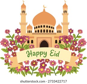 Una ilustración festiva para el Feliz Eid con una mezquita rodeada de coloridas flores y un Anuncio con el saludo.
