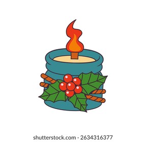 Festive illustration of a holiday candle with a bright flame, decorated with holly leaves and red berries.