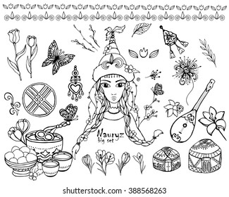 Festive illustration, holiday Kazakhstan, Nauryz, girl vector, big set, kazakh, decoration, oriental, floral, hat, vector, sign, kazakhstan