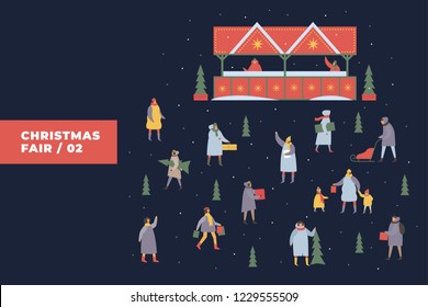 Festive illustration with image of people doing shopping on background of Christmas fair and snow-covered stalls. People walk with children at festive fair. Vector colorful seasonal images.