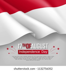 Festive illustration of Independence day of Indonesia. National traditional holiday celebrated on August 17. Background with realistic waving indonesian flag. Indonesian patriotic vector greeting card