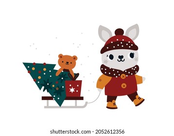 Festive illustration for kids with cute bunny, Christmas tree and gifts. Cartoon rabbit with sledge and surprise for Christmas party celebration. Holiday print for nursery, child poster, card, cloth