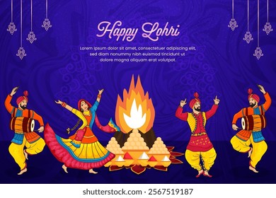 A festive illustration of a Lohri celebration with people dancing around a bonfire, playing music, and enjoying the festivities