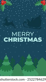 Festive illustration of a "Merry Christmas" night scene featuring Santa's sleigh and reindeer flying over a snowy forest, with holly decorations.