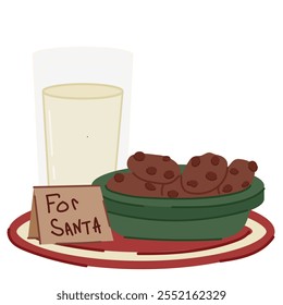 A festive illustration of milk and chocolate chip cookies with a note for Santa, placed on a colorful plate. A cozy holiday tradition for Christmas Eve celebrations