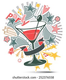 Festive illustration with musical notes and glass martini goblet with decorative stars. Party design elements easy to use separately. Lounge theme poster.