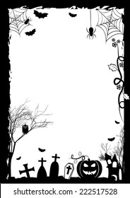 Ilustración festiva sobre el tema de Halloween. Deseos de Feliz Halloween.Dulce o trate. Borde blanco y negro con lugar para texto. Ilustración del vector