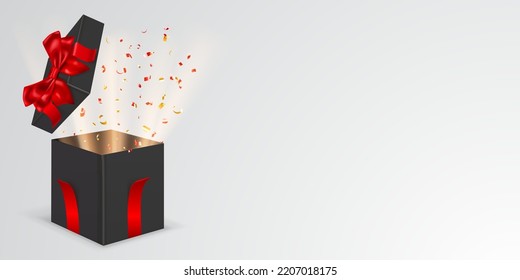Festive illustration with open black gift box with red ribbons and bow. Pieces of serpentine and rays of light fly out of it