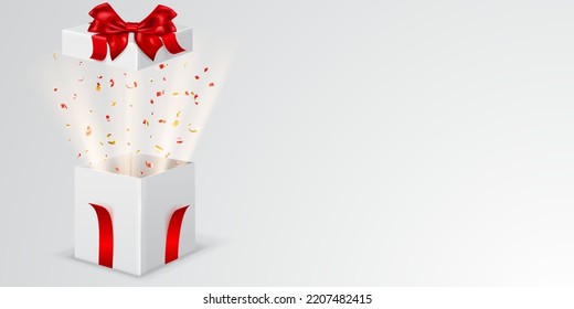 Festive illustration with open white gift box with red ribbons and bow. Pieces of serpentine and rays of light fly out of it