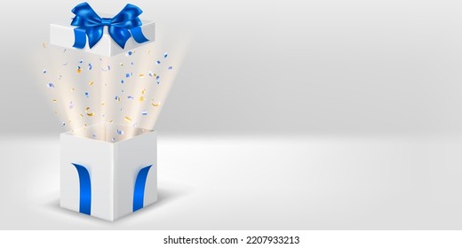 Festive illustration with open white gift box with blue ribbons and bow. Pieces of serpentine and rays of light fly out of it