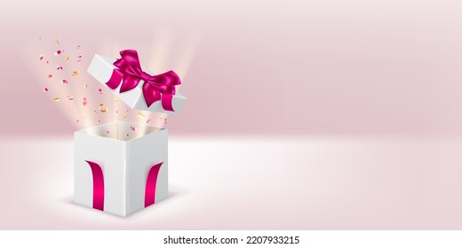Festive illustration with open white gift box with purple ribbons and bow. Pieces of serpentine and rays of light fly out of it