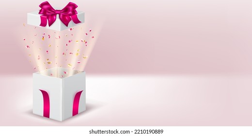Ilustración festiva con caja de regalo blanca abierta con cintas y arco morado. Trozos de serpentina y rayos de luz salen de ella