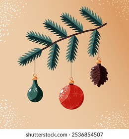 Una ilustración festiva de una rama de pino adornada con decoraciones navideñas, que incluye una chuchería roja, un adorno de lágrima verde y una piña. Ambientada sobre un cálido fondo beige, emana la guerra de las vacaciones