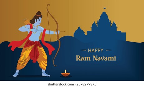 Festive illustration for Ram Navami featuring Lord Rama with a bow and arrow, set against the silhouette of a temple, symbolizing strength, virtue, and the victory of good over evil