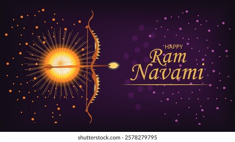 Festive illustration for Ram Navami featuring a radiant sun behind a bow and arrow, symbolizing Lord Rama’s power and the victory of good over evil in Hinduism