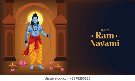 Festive illustration for Ram Navami featuring Lord Rama with a bow and arrow, standing in a temple-like setting, surrounded by diyas and lotus flowers, symbolizing divine strength and peace