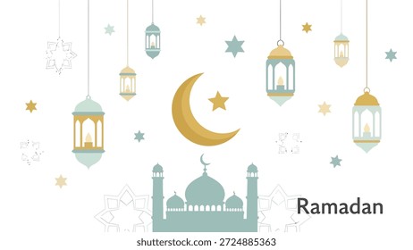 Uma ilustração festiva para o Ramadã com uma silhueta de mesquita, lua crescente dourada e estrela, e lanternas penduradas em um fundo branco, simbolizando a celebração islâmica.