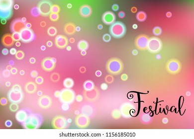 Festive illustration with random, chaotic, scattered bokeh lights, bright colorful background.
