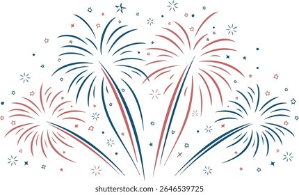 Uma ilustração festiva de fogos de artifício vermelhos e azuis que se chocam contra um fundo branco, adornados com pequenas estrelas e faíscas, evoca celebração e patriotismo.