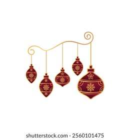 A festive illustration of red and gold Christmas ornaments hanging from a golden wire, creating a beautiful and elegant display for the holiday season.