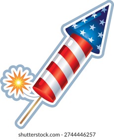 A festive illustration of a red, white, and blue patriotic firework rocket commonly associated with Independence Day in the United States. Designed with stars and stripes inspired by the American flag, this celebratory rocket symbolizes July 4th fireworks displays and national pride.
