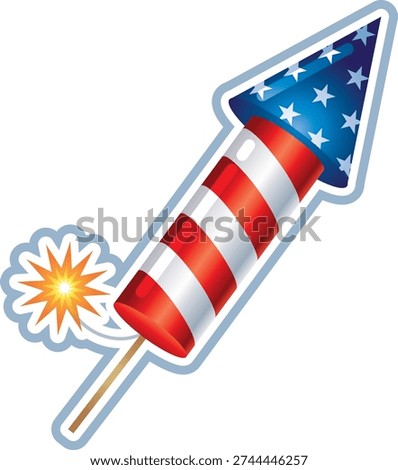 A festive illustration of a red, white, and blue patriotic firework rocket commonly associated with Independence Day in the United States. Designed with stars and stripes inspired by the American flag, this celebratory rocket symbolizes July 4th fireworks displays and national pride.