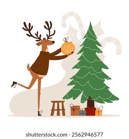 Festive illustration of a reindeer in a red sweater placing an ornament on a Christmas tree, surrounded by gifts and baubles.