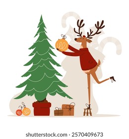 Festive illustration of a reindeer in a red sweater placing an ornament on a Christmas tree, surrounded by gifts and baubles.