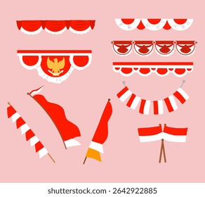 Um conjunto de ilustrações festivas da bandeira da independência indonésia com temas de decorações fronteiriças, ideal para designs de celebração, cartazes patrióticos, banners e visuais de eventos nacionais