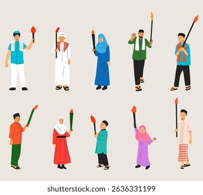A festive illustration set of Muslim people holding torches in celebration of the Islamic New Year (Hijri), for religious events, educational content, and holiday themed designs.