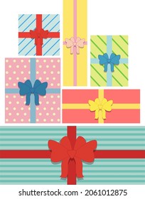 Ilustración festiva: un conjunto de varias cajas de regalo con arcos exuberantes. Cajas con sorpresas para Navidad y Año Nuevo. Imagen vectorial.