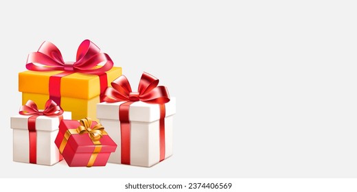 Festive illustration with several colored gift boxes with ribbons and bows on white background