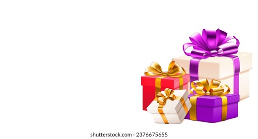 Festive illustration with several colored gift boxes with ribbons and bows on white background