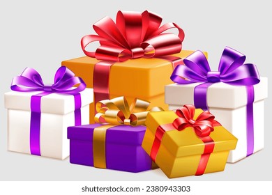 Festive illustration with several colored gift boxes with ribbons and bows