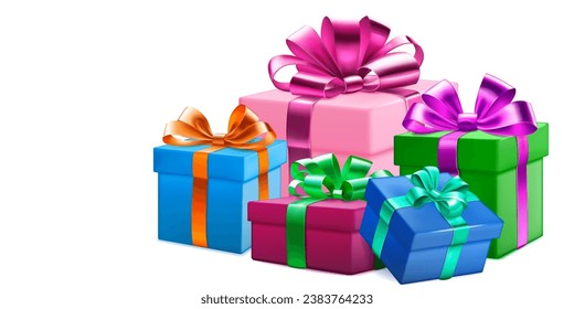 Festive illustration with several colored gift boxes with ribbons and bows