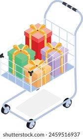 A festive illustration of a shopping cart overflowing with colorful gift boxes wrapped in ribbons and bows.