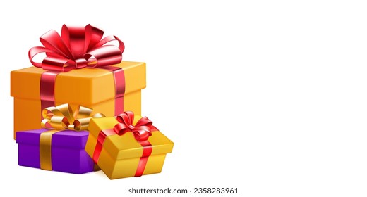 Festive illustration with three colored gift boxes with ribbons and bows on white background