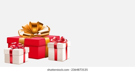 Festive illustration with three colored gift boxes with ribbons and bows on white background