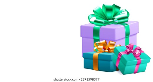 Festive illustration with three colored gift boxes with ribbons and bows on white background