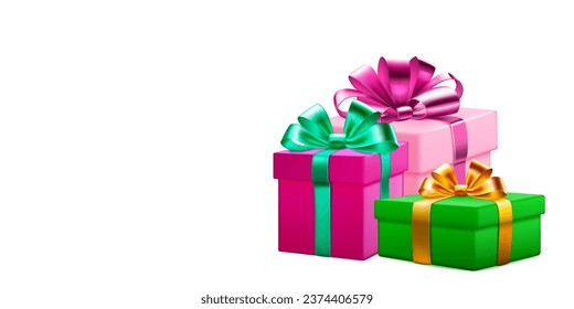 Ilustración festiva con tres cajas de regalo de color con cintas y arcos sobre fondo blanco