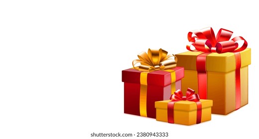 Ilustración festiva con tres cajas de regalo de color con cintas y arcos sobre fondo blanco