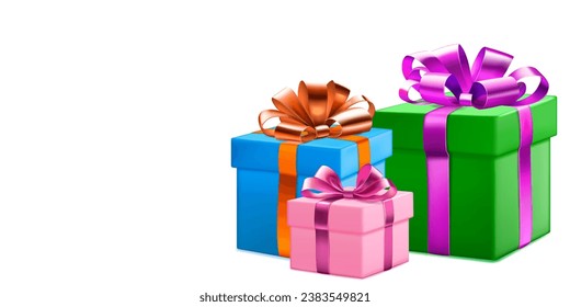 Festive illustration with three colored gift boxes with ribbons and bows on white background