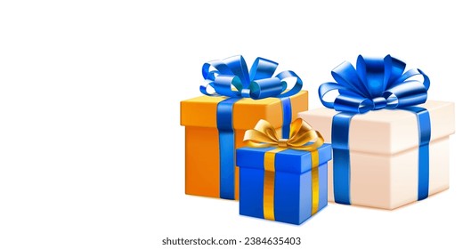 Festive illustration with three colored gift boxes with ribbons and bows on white background
