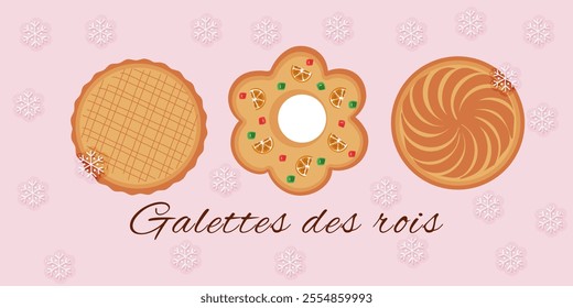 A festive illustration of three traditional Galettes des Rois on a pink background with delicate snowflakes. Perfect for celebrating Epiphany, French traditions, and holiday-themed designs.