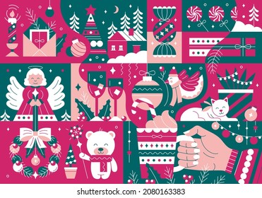 Festive illustration in trendy flat style. A composition of New Year's attributes: a decorated tree, toys, an angel, sweets, lights. Illustration for social networks, posters, postcards.