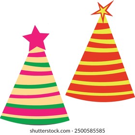 A festive illustration of two striped party hats with star toppers in vibrant colors. Perfect for birthday celebrations, parties, and holiday-themed designs.