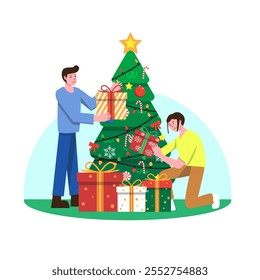 A festive illustration of two young people decorating a Christmas tree with ornaments, gifts, and a star on top. Perfect for holiday-themed designs, seasonal greetings, and festive promotional.